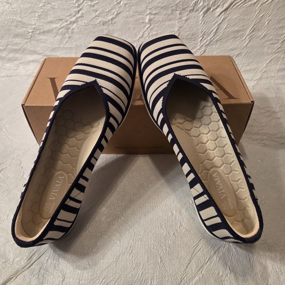 VIVAIA Navy Cream Striped Square Toe All-Day Standing Flats EU 39 US 8 - Picture 14 of 16